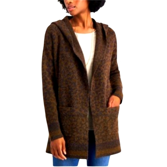 Style & Co hooded brown tonal Animal Print open front duster long cardigan sz L - Picture 1 of 9